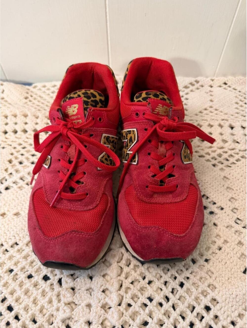 New Balance Red Sneakers with Leopard Accents